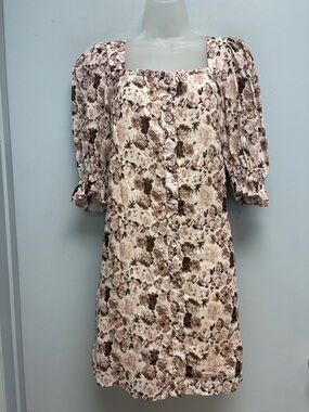 English Factory Floral Puff Sleeve Mini Dress Neutral Brown Cream -M Cottagecore